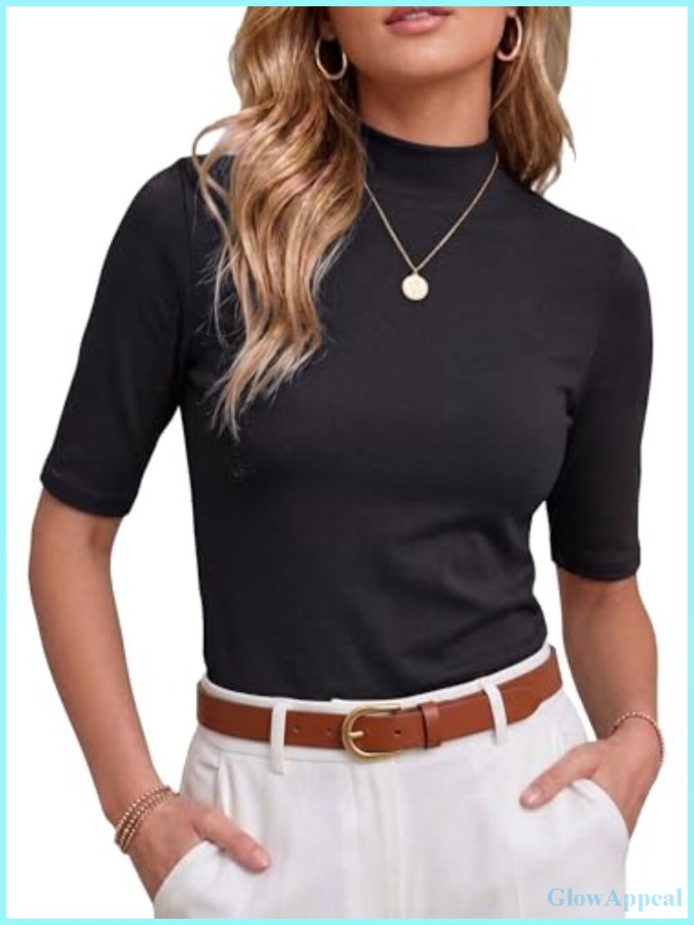 Womens Mock Neck Short Sleeve Ribbed Knit Slim Fit Business Casual Top